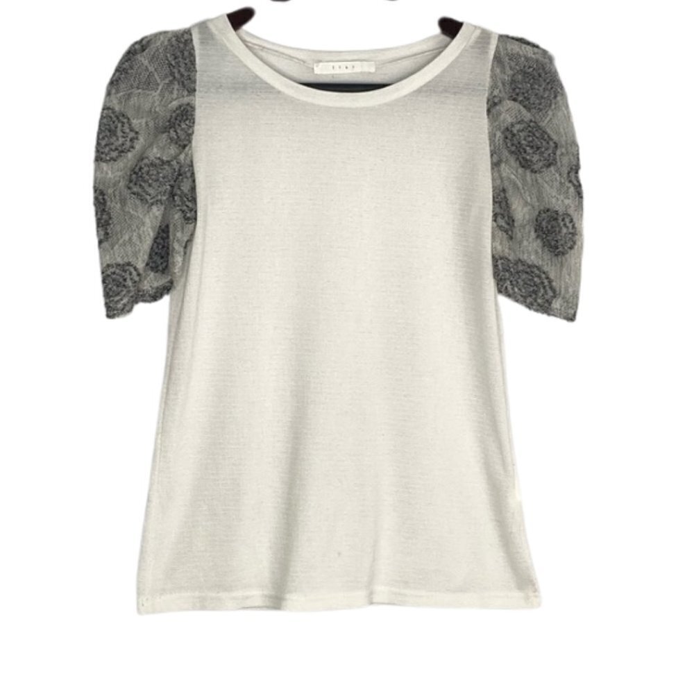 Flat Puff Shoulder Rose Embroidered Gauzy Blouse